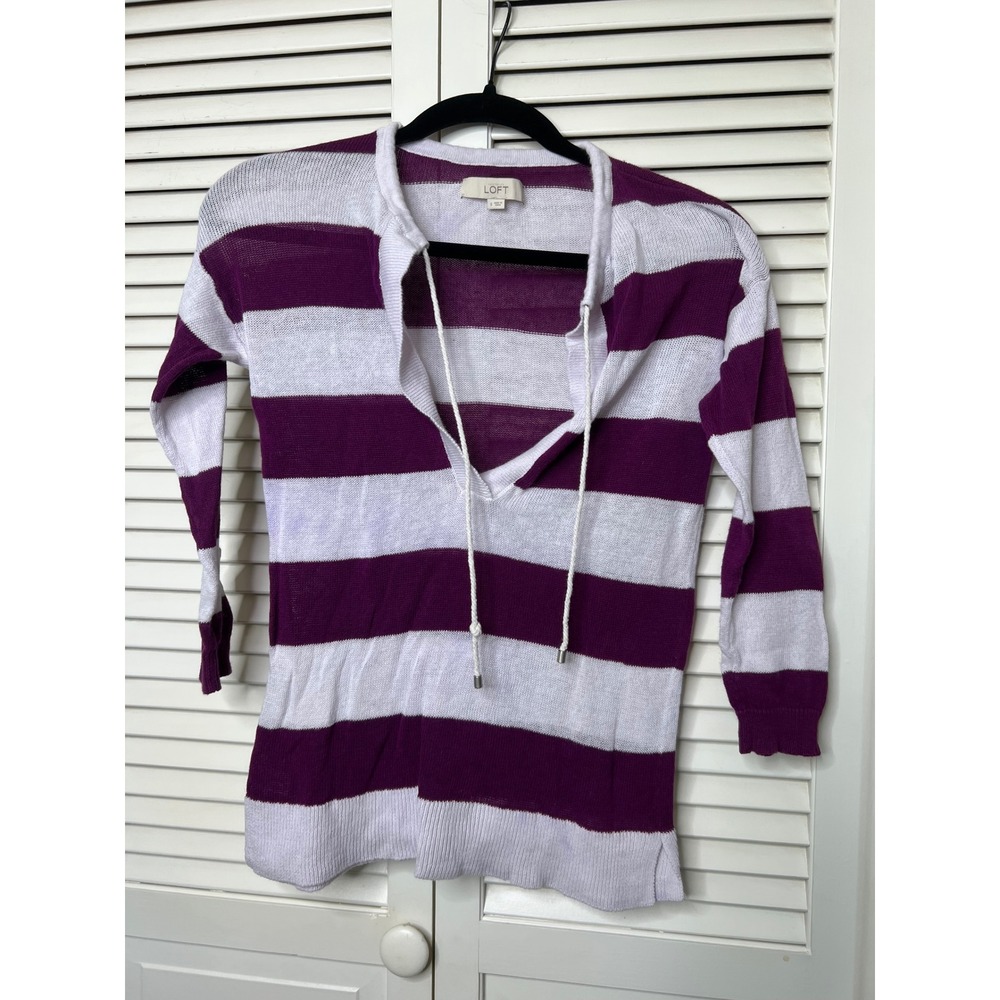 Purple White Rugby Striped Linen Cotton Hoodie Sweater size S